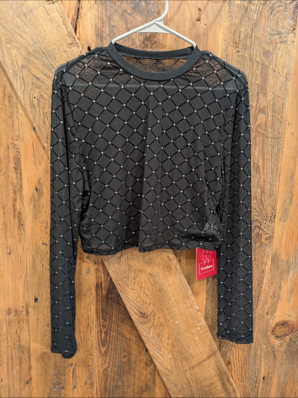 Black Sheer Diamond Grid Long-Sleeve Crop Top